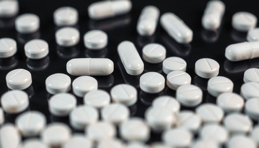 Opioid pills on dark surface, highlighting healthcare context.