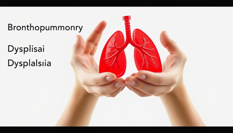 Illustration of bronchopulmonary dysplasia with lung model and hands.