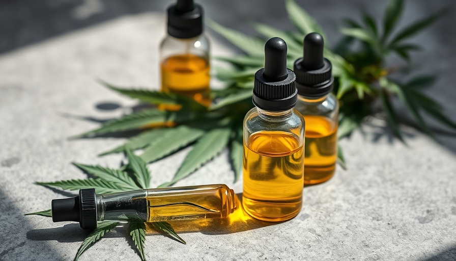Cannabis oil bottles and hemp leaves on grey surface.