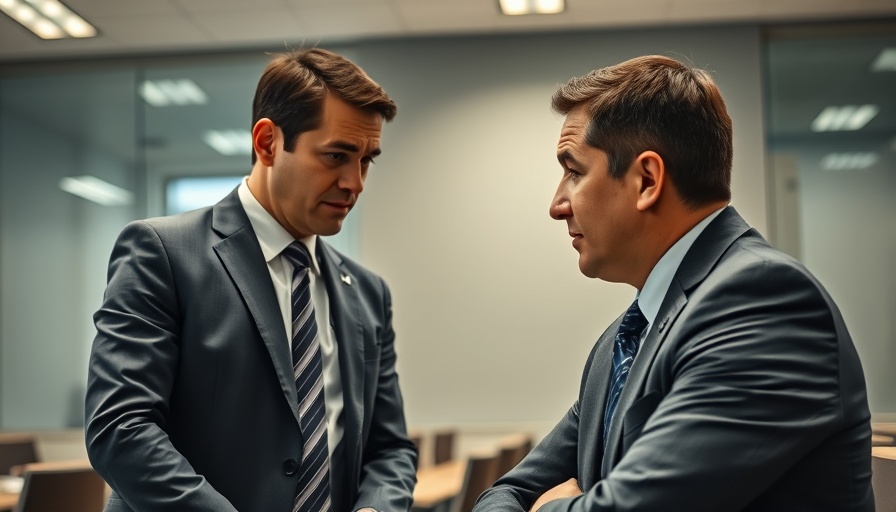 Ohio budget negotiations scene with two professionals in a meeting room.