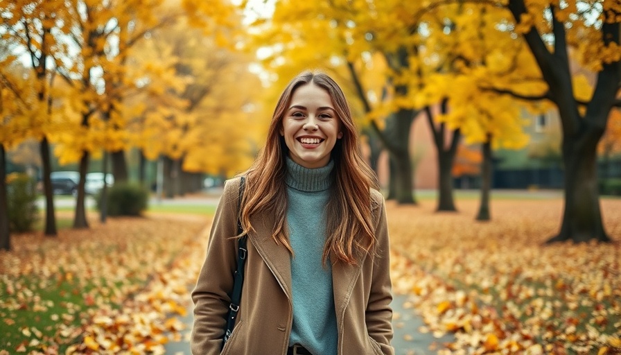 Woman walking in autumn park, vibrant leaves, walking volume and low back pain.
