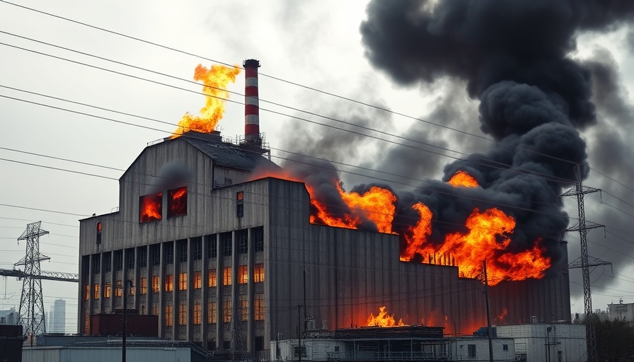 Industrial building fire with smoke; context on Trump actions to end Iran's nuclear enrichment.