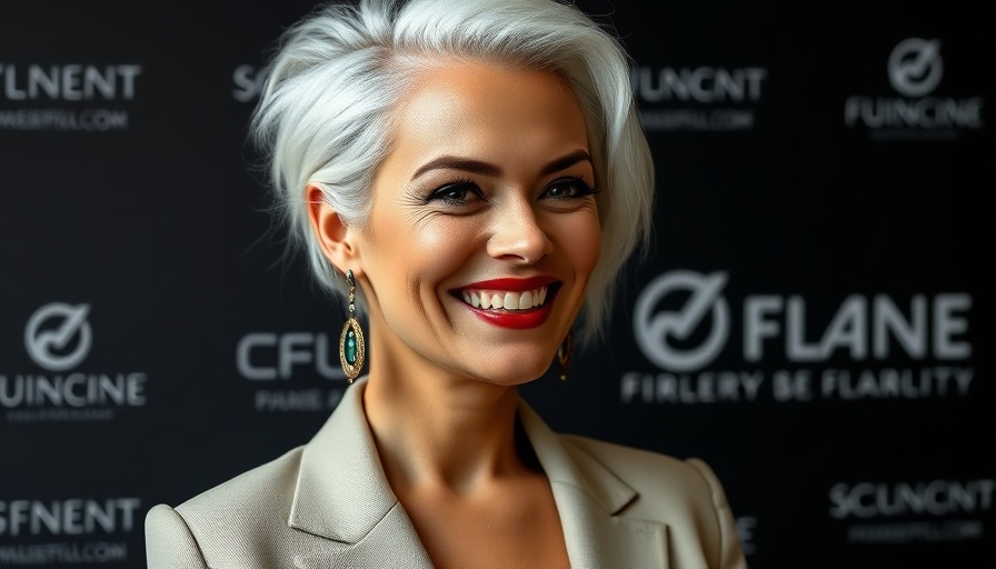 Stylish woman with white hair smiling at an event.