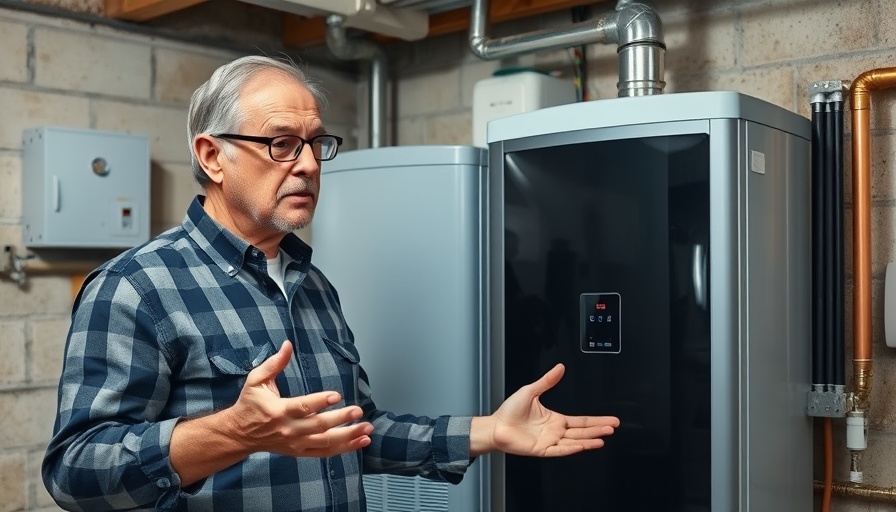 Middle-aged man explaining tankless water heaters pros and cons in a basement.