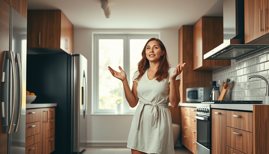 Modern kitchen interior with a woman explaining home renovation tips.