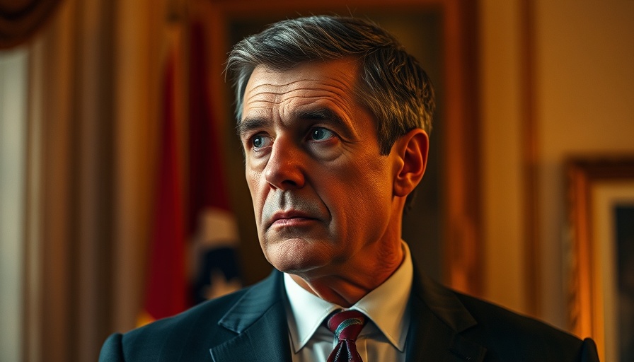 Middle-aged man in suit, serious, flag background.
