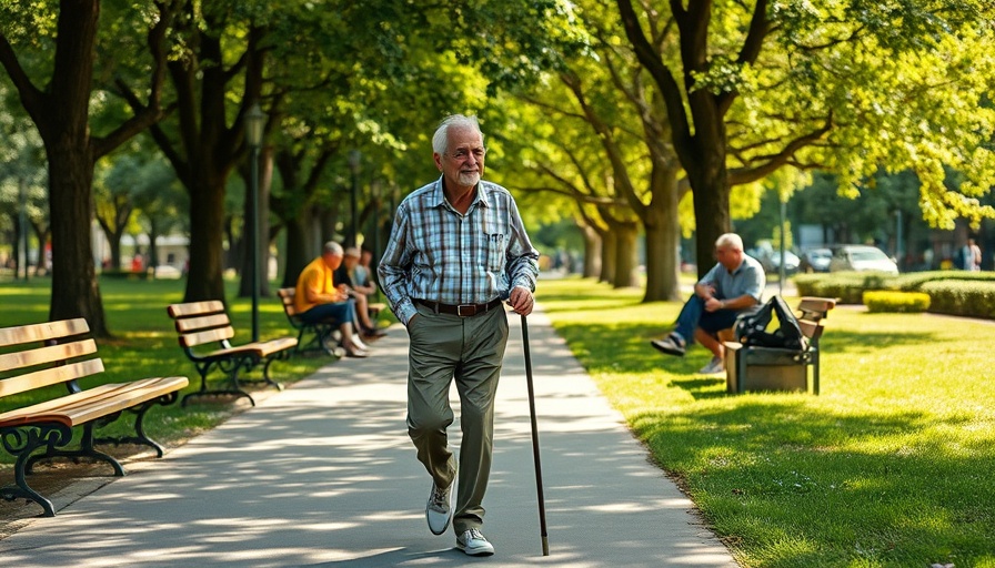 Elderly person with cane walking through park, knee braces osteoarthritis relief.