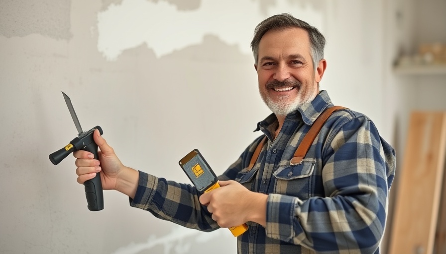Middle-aged man showing how to fix torn and damaged drywall, construction setting.