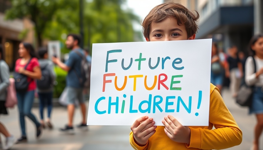Child holding a sign 'Kids are our Future' at a rally for affordable child care.