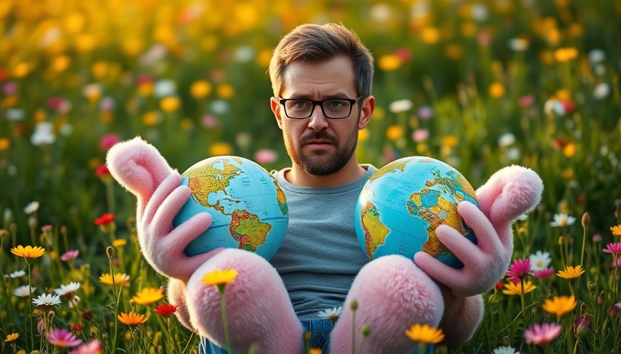 Man in bunny slippers holding globes in a meadow, symbolizing personal finance strategies.