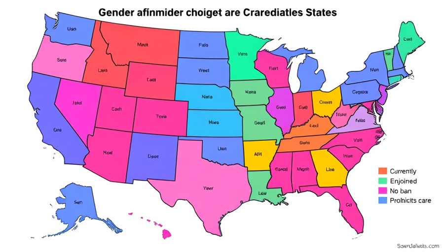 Map of U.S. state laws on gender affirming care highlighting Skrmetti ruling.