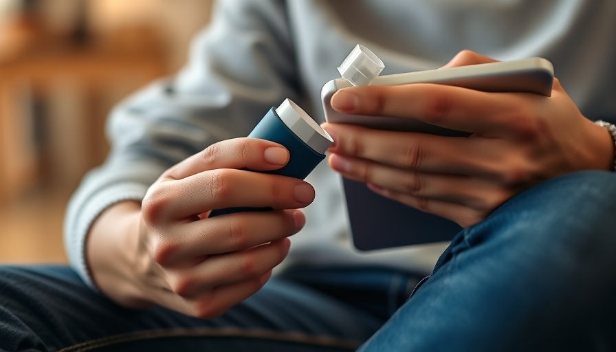 Hands using digital inhaler and tablet for asthma management.
