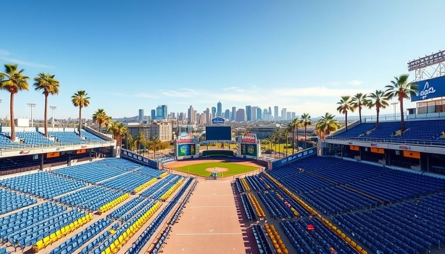 Dodger Stadium empty with downtown view, representing Dodgers donation to immigrant families.