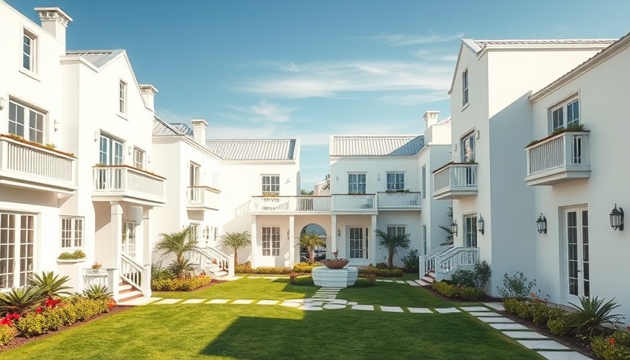 Elegant white coastal homes in sunny courtyard for home decor and interior design.