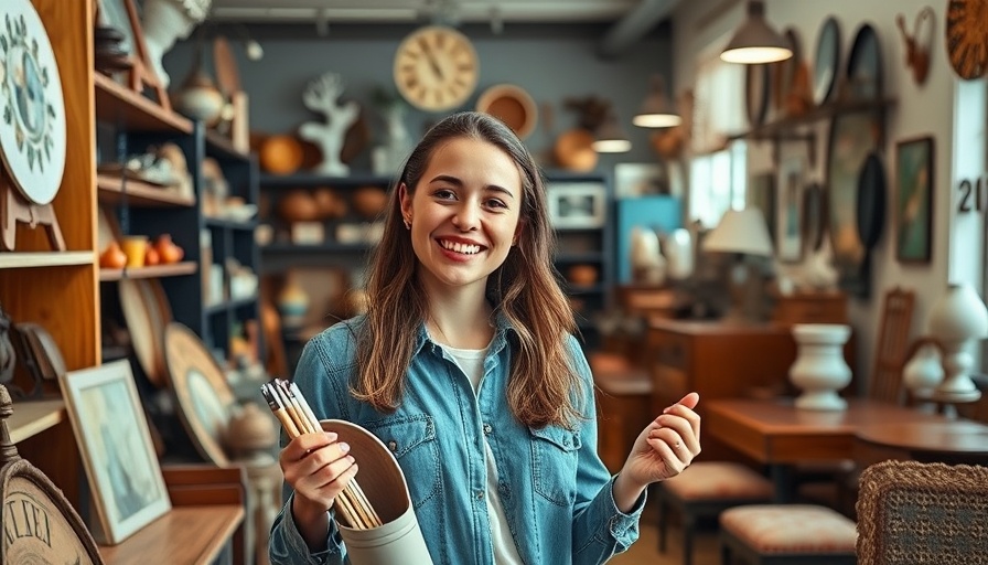 Young woman thrifting for home decor in vintage store.
