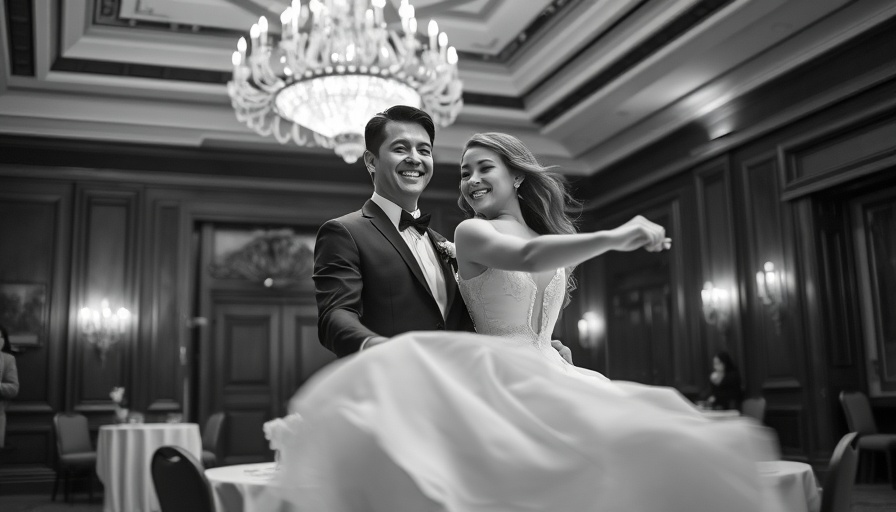 Elegant ballroom dance scene with joyful couple.