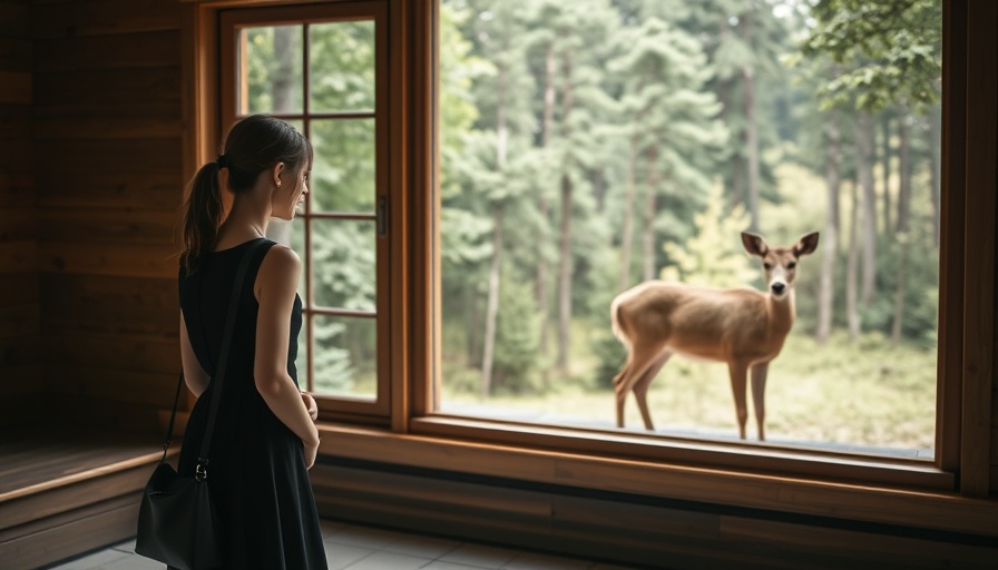 Woman observes deer through window, illustrating community connection in home buying.