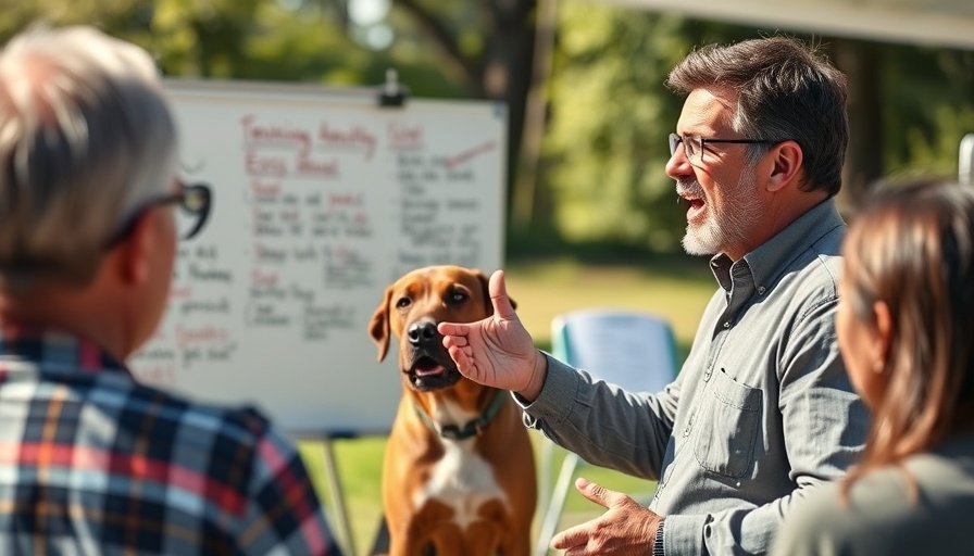 Dog trainer passionately explaining dog training techniques outdoors.