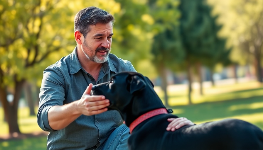 Casual dog trainer giving tips outdoors with a black dog.