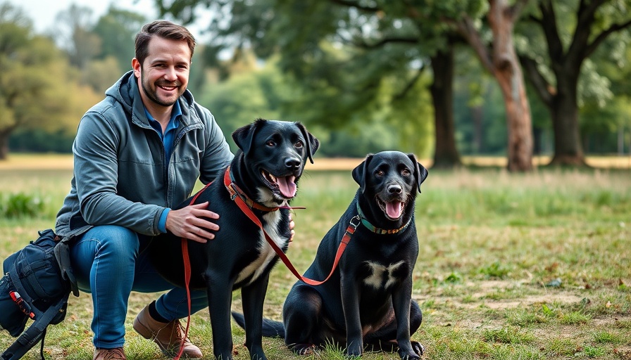 Dog trainers with dogs in a park, training session scenery.