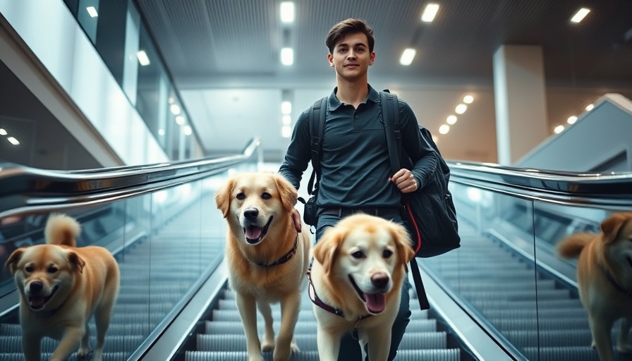 Confident man guides dogs on an escalator; how to take your dog up escalators.