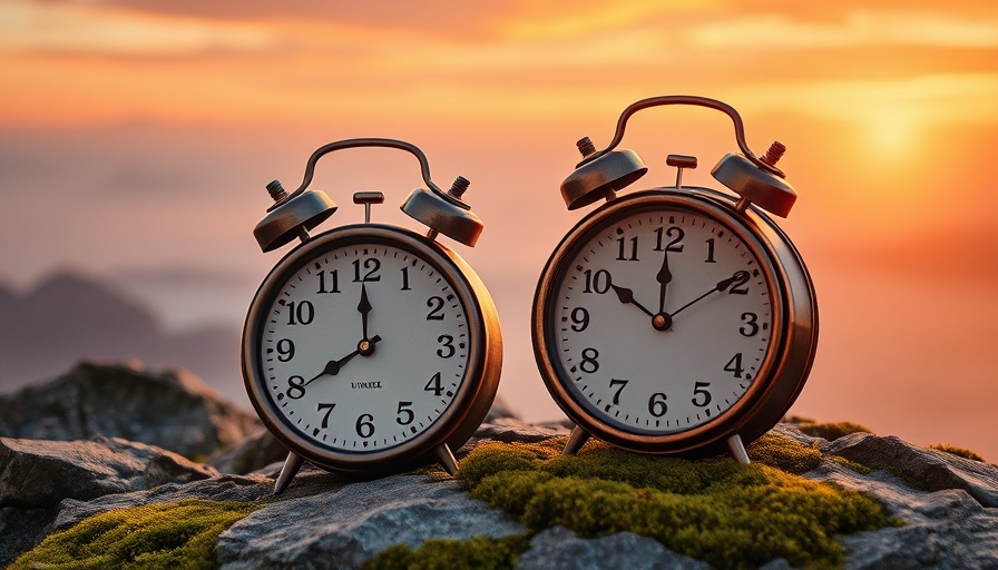Two vintage clocks on stones at sunrise, symbolizing dual timelines for wealth.
