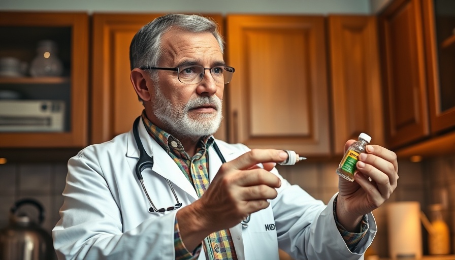 Veterinarian demonstrating DMSO application for pet care in a kitchen setting.
