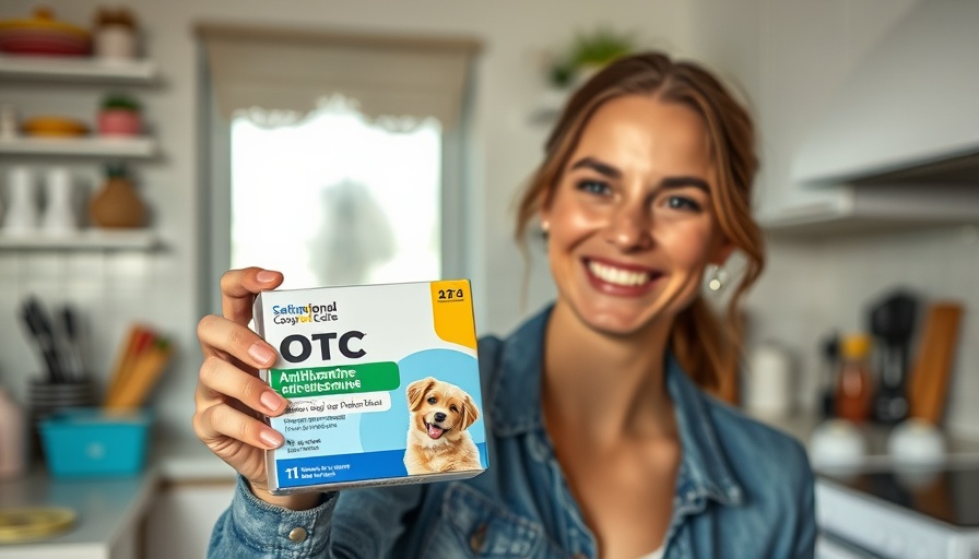 Person presenting OTC antihistamine for cats in a kitchen.