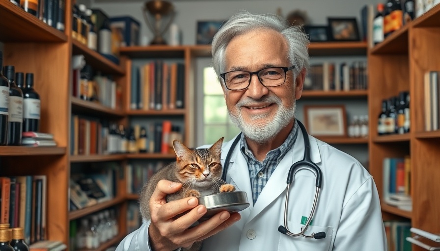 Veterinarian holding cat food in a cluttered office.