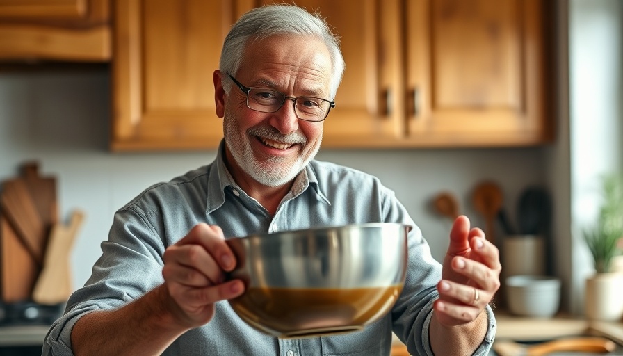 Man showing DIY flea and tick spray in a kitchen.