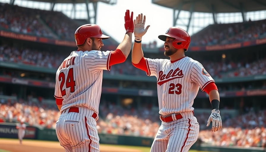 Cardinals players high-five in 5-run 8th inning victory celebration.
