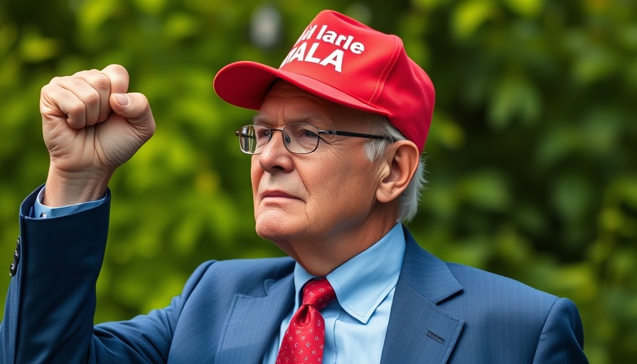 Older man in red hat with raised fist outdoors in bright daylight