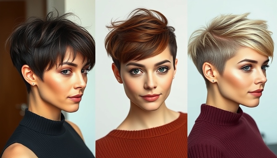 Stylish Bixie haircut variations 2025, three women, photorealistic.
