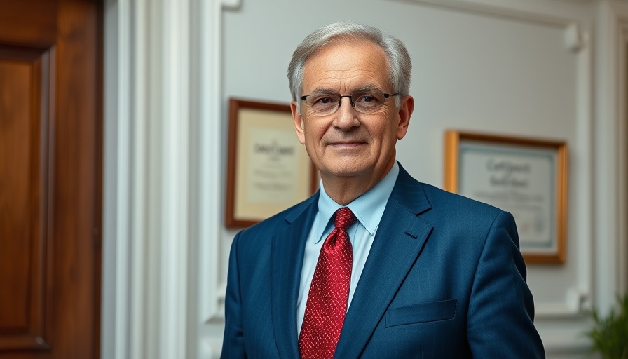 Confident man in blue suit standing in elegant office.