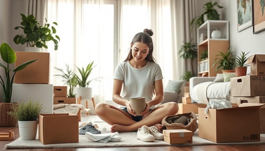 Young woman organizing home inventory, sitting among boxes.