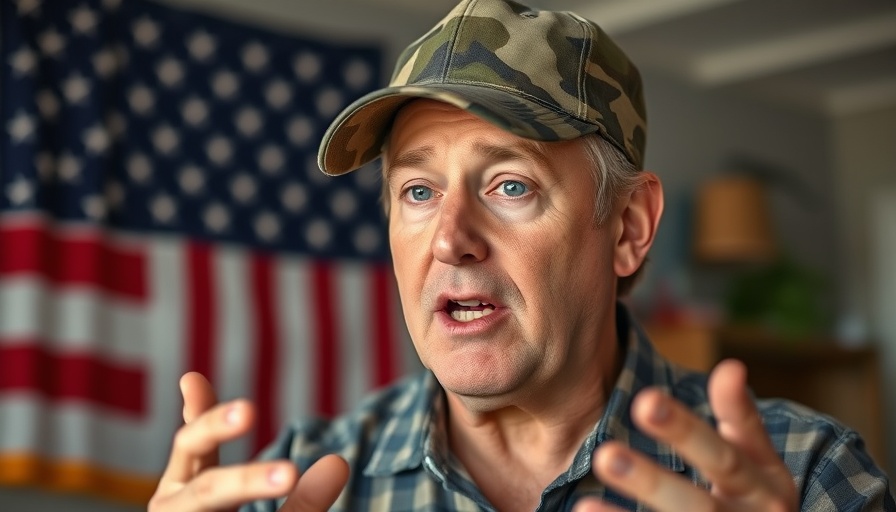 Man warning about fake service dog registries with flag backdrop.