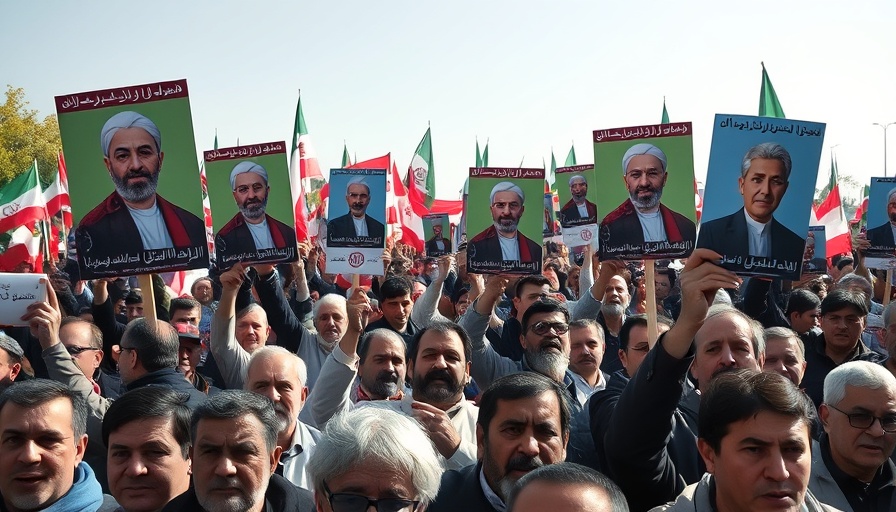 Iranian protest with leaders' posters and dynamic crowd action.