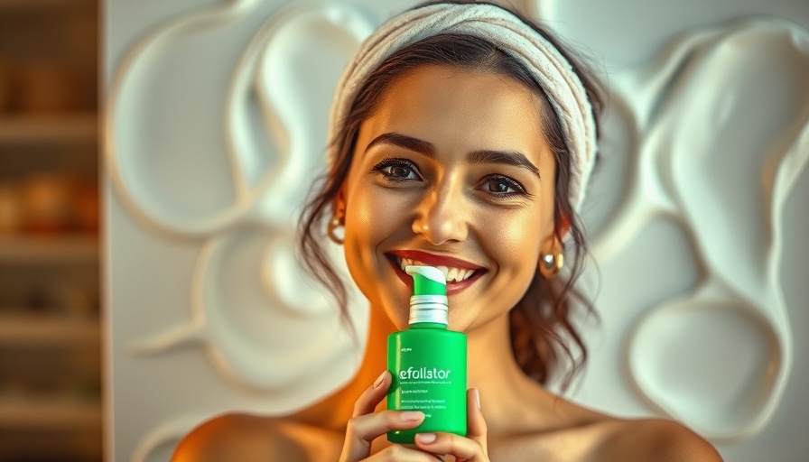 Smiling woman showcasing best face exfoliators with textured background.