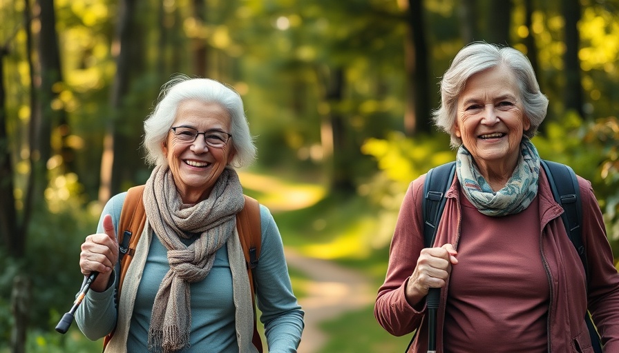 Older women walking with poles in forest to prevent chronic back pain.