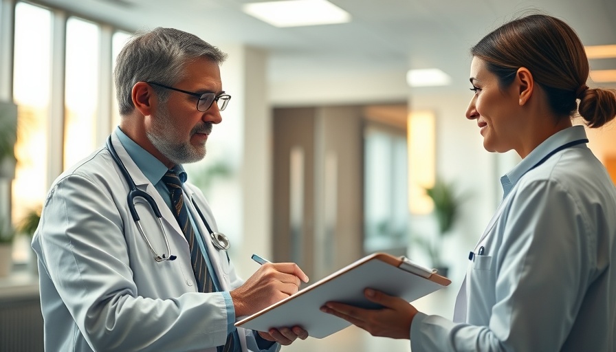 Doctor consulting patient in bright office, taking notes on clipboard.