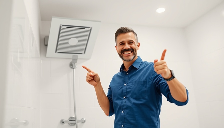 Man pointing to smart bathroom fan installation in modern bathroom.