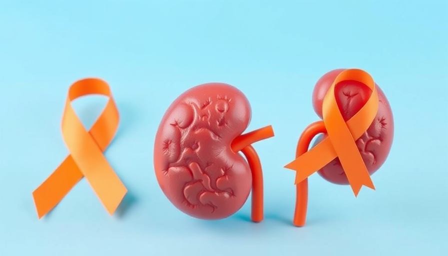 Kidney model and orange ribbon symbolizing combo therapy for Papillary Renal Cell Carcinoma.