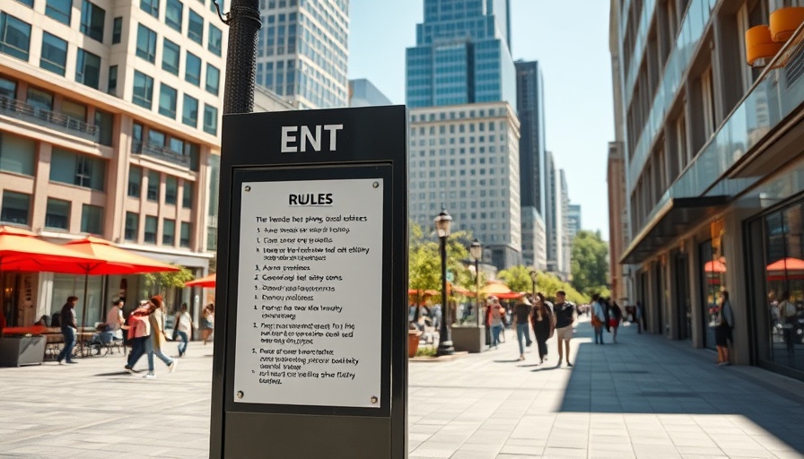 The Banks plaza rules sign in urban setting, daytime.
