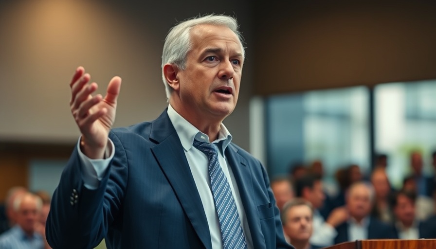 Older man in a suit speaking passionately at an indoor event.