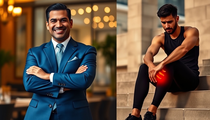 Confident man in suit and person experiencing knee pain on steps collage.