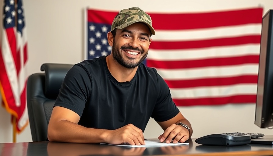 Smiling man at desk with American flag backdrop.