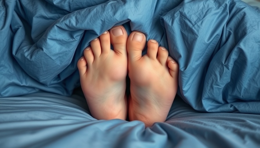 Feet of a person with restless leg syndrome under blue sheets.