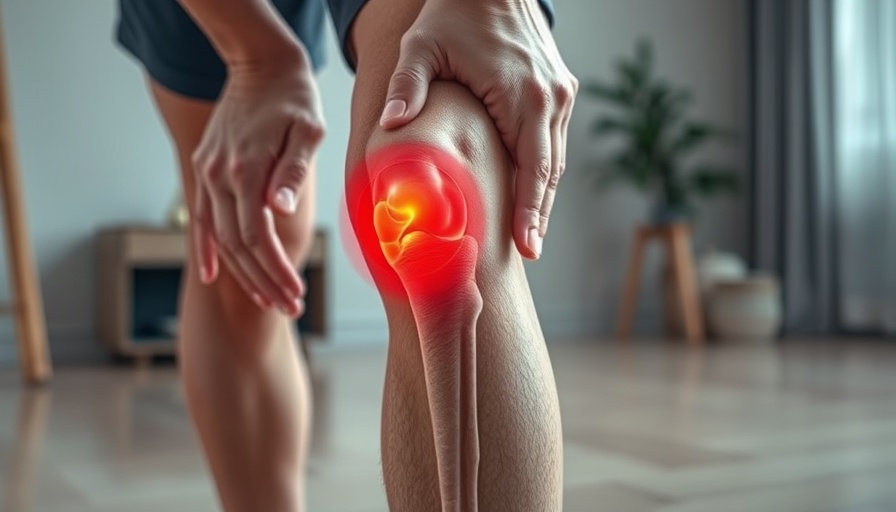 Knee with digital overlay showing joint pain, knee health tips.