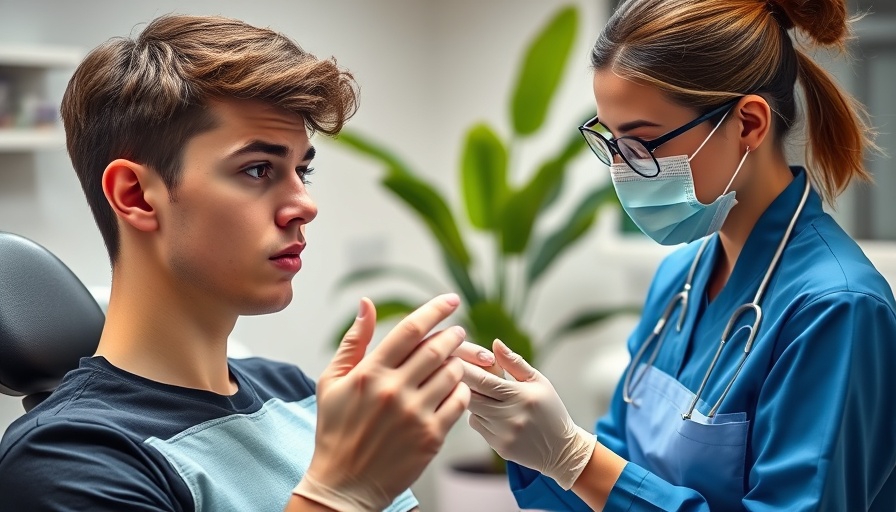 Young man in dentist chair asking about latex gloves allergy.