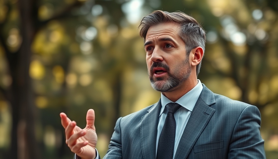 Man in suit gesturing outdoors, expressive interaction.